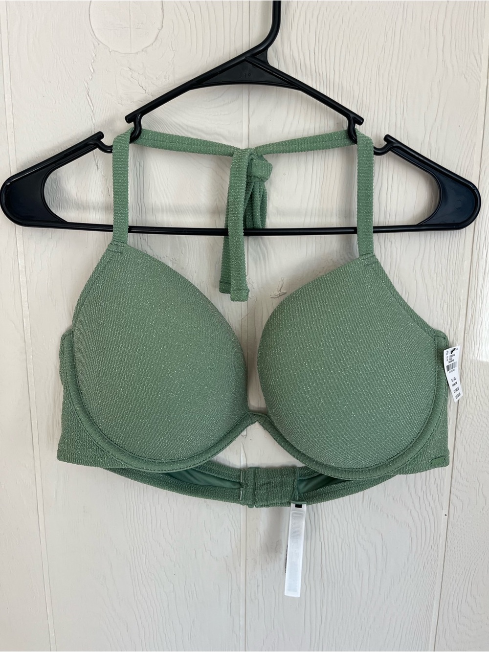 PINK Victoria's Secret Textured Halter Plunge Bikini Top in Sage Green